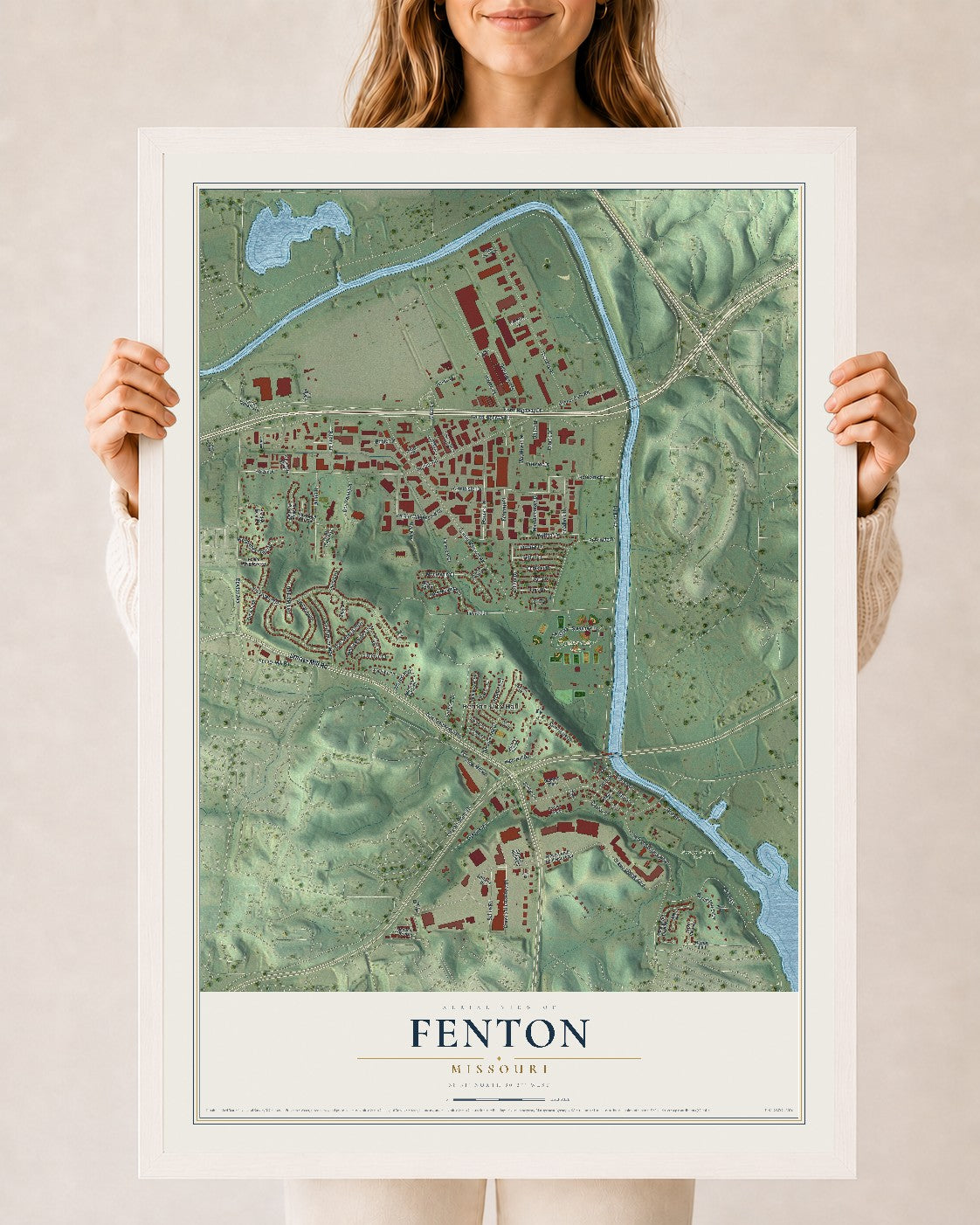 Map of Fenton, Missouri, 24 x 36 inch print in a white wood frame