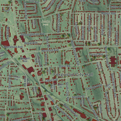 Close-up of the map of Ferguson, Missouri print showing street and building detail