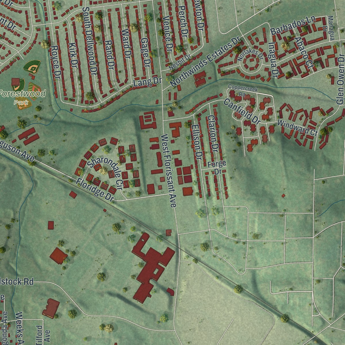 Second close-up of the map of Ferguson, Missouri print showing more streets and buildings