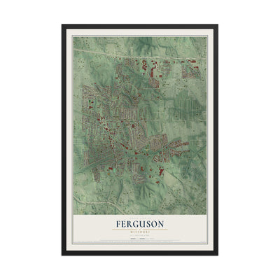 Map of Ferguson, Missouri, 12 x 18 inch print in a black wood frame