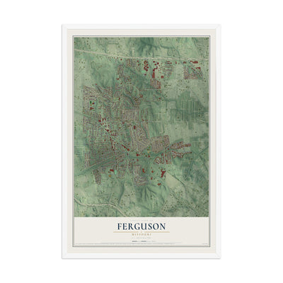 Map of Ferguson, Missouri, 12 x 18 inch print in a white wood frame