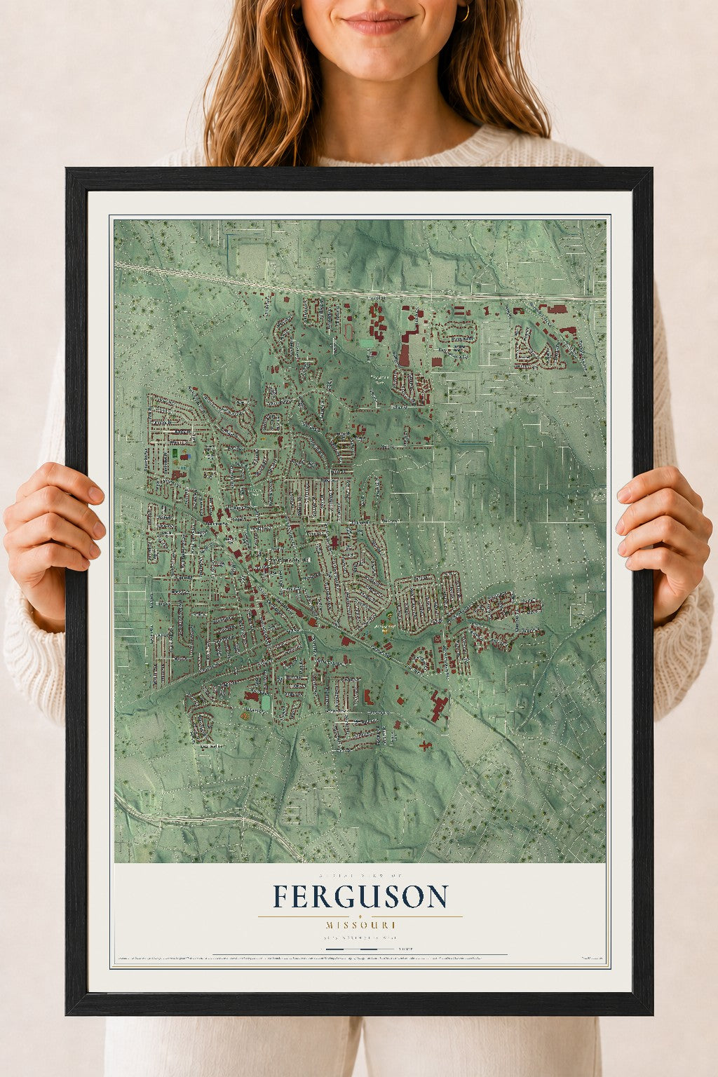 Map of Ferguson, Missouri, 18 x 24 inch print in a black wood frame