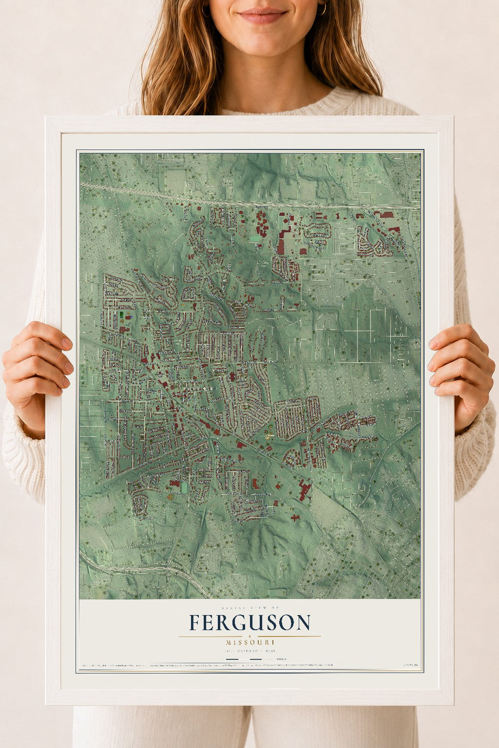 Map of Ferguson, Missouri, 18 x 24 inch print in a white wood frame