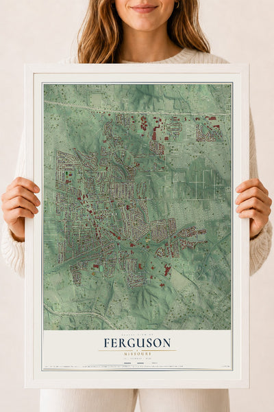 Map of Ferguson, Missouri, 18 x 24 inch print in a white wood frame