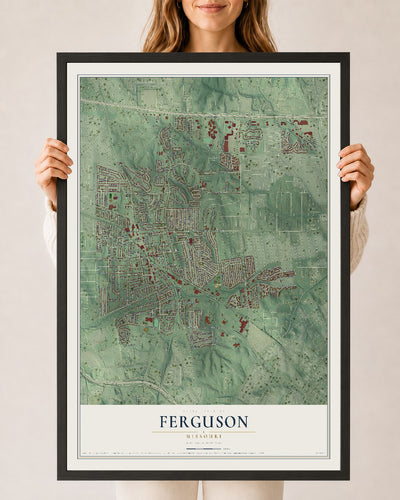 Map of Ferguson, Missouri, 24 x 36 inch print in a black wood frame