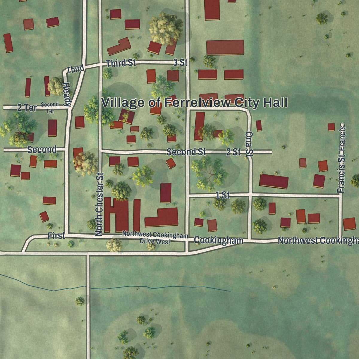 Close-up of the map of Ferrelview, Missouri print showing street and building detail