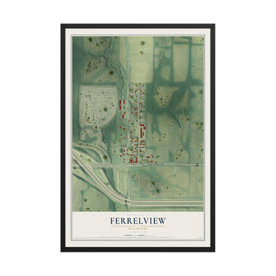 Map of Ferrelview, Missouri, 12 x 18 inch print in a black wood frame