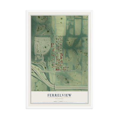 Map of Ferrelview, Missouri, 12 x 18 inch print in a white wood frame