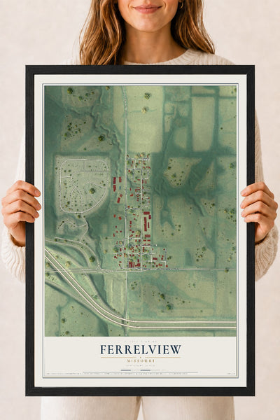 Map of Ferrelview, Missouri, 18 x 24 inch print in a black wood frame