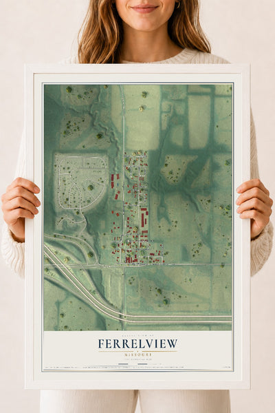 Map of Ferrelview, Missouri, 18 x 24 inch print in a white wood frame