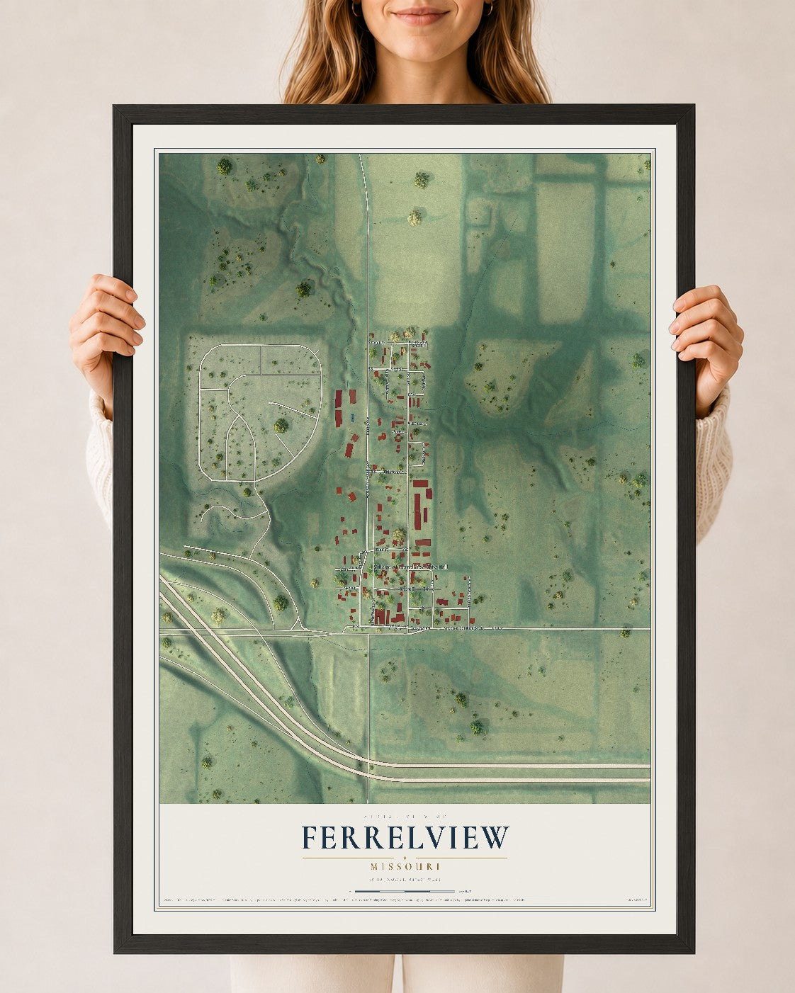Map of Ferrelview, Missouri, 24 x 36 inch print in a black wood frame