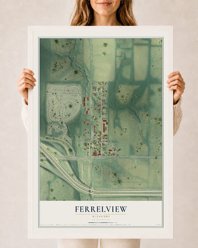 Map of Ferrelview, Missouri, 24 x 36 inch print in a white wood frame