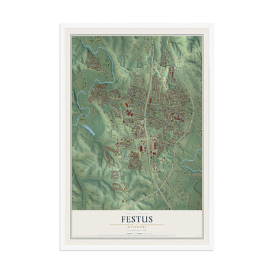 Map of Festus, Missouri, 12 x 18 inch print in a white wood frame