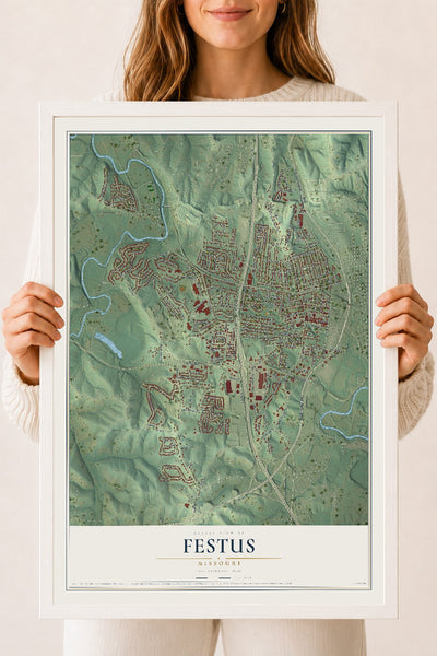 Map of Festus, Missouri, 18 x 24 inch print in a white wood frame
