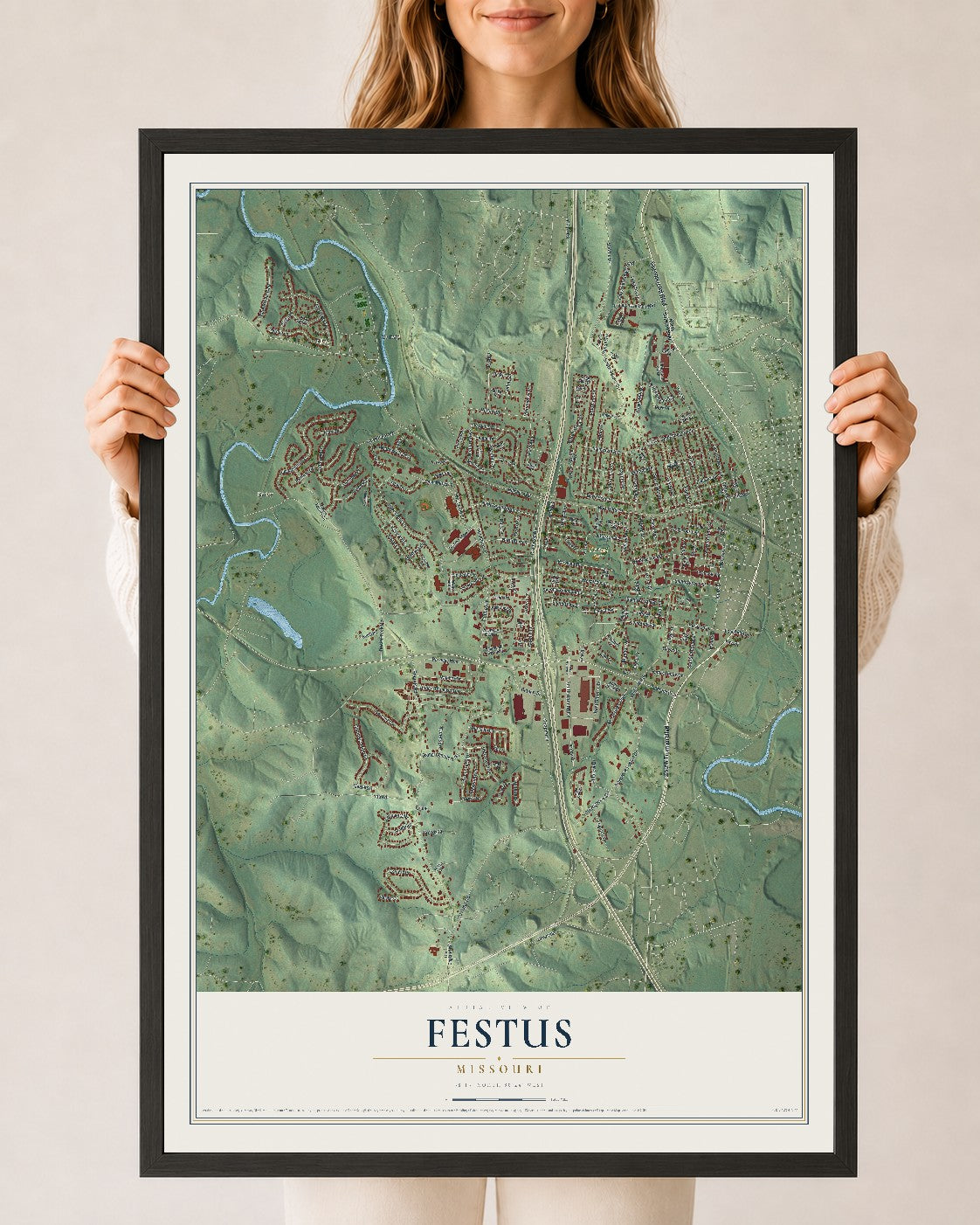 Map of Festus, Missouri, 24 x 36 inch print in a black wood frame