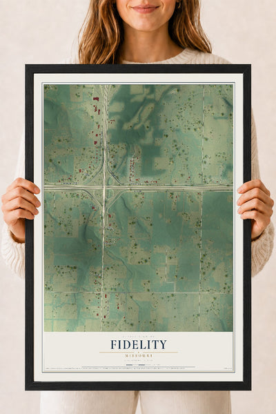Map of Fidelity, Missouri, 18 x 24 inch print in a black wood frame