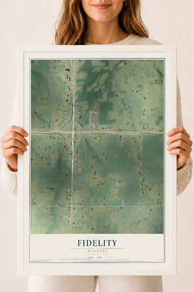 Map of Fidelity, Missouri, 18 x 24 inch print in a white wood frame