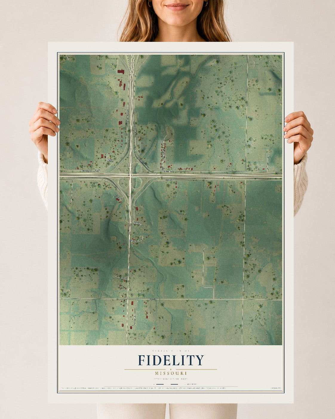Map of Fidelity, Missouri, 24 x 36 inch unframed archival matte print