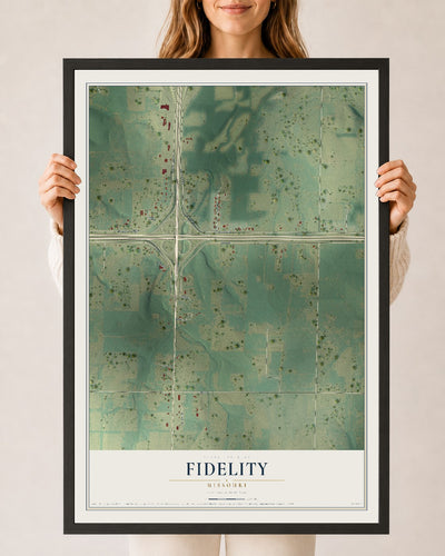 Map of Fidelity, Missouri, 24 x 36 inch print in a black wood frame