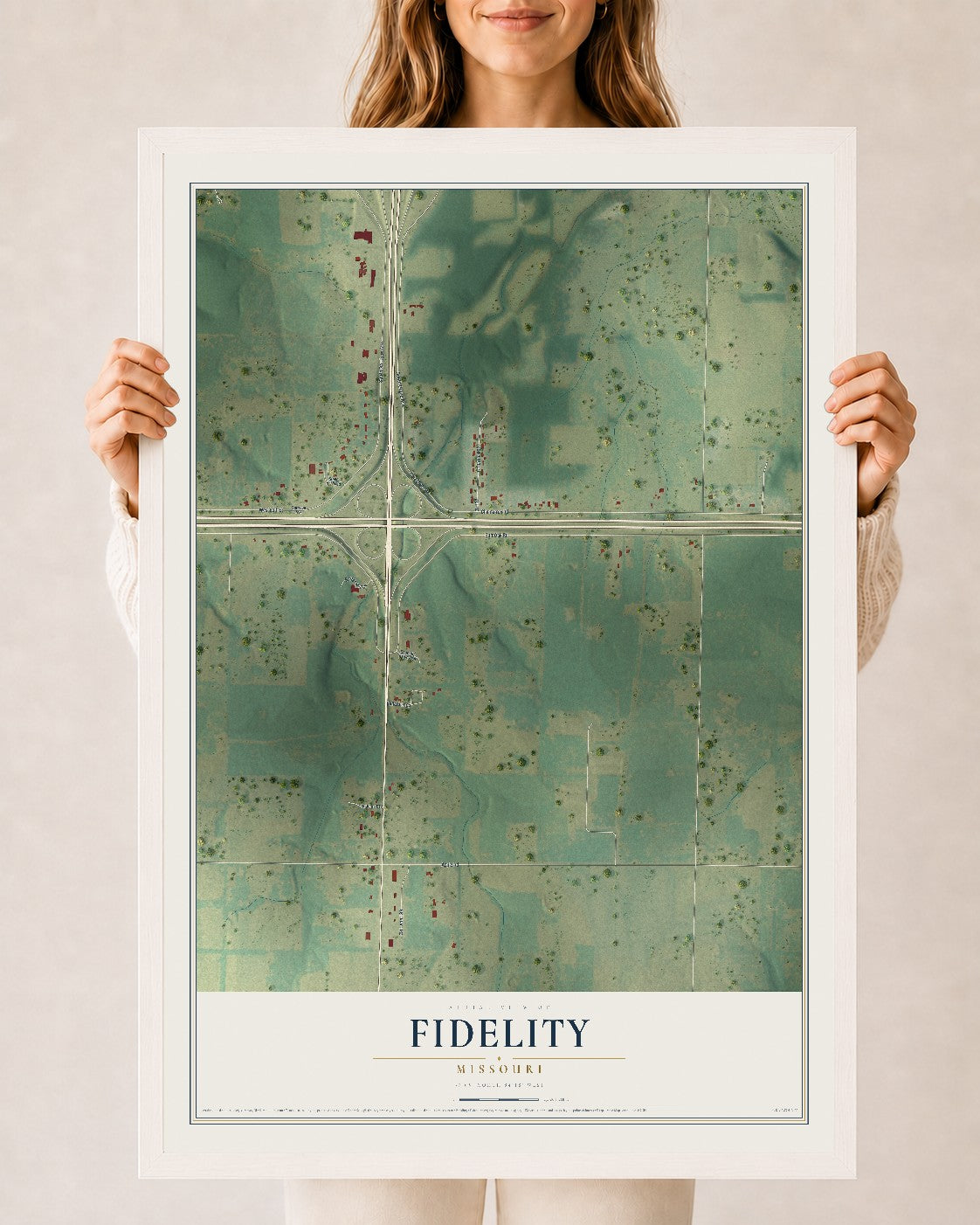 Map of Fidelity, Missouri, 24 x 36 inch print in a white wood frame