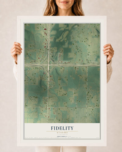 Map of Fidelity, Missouri, 24 x 36 inch print in a white wood frame