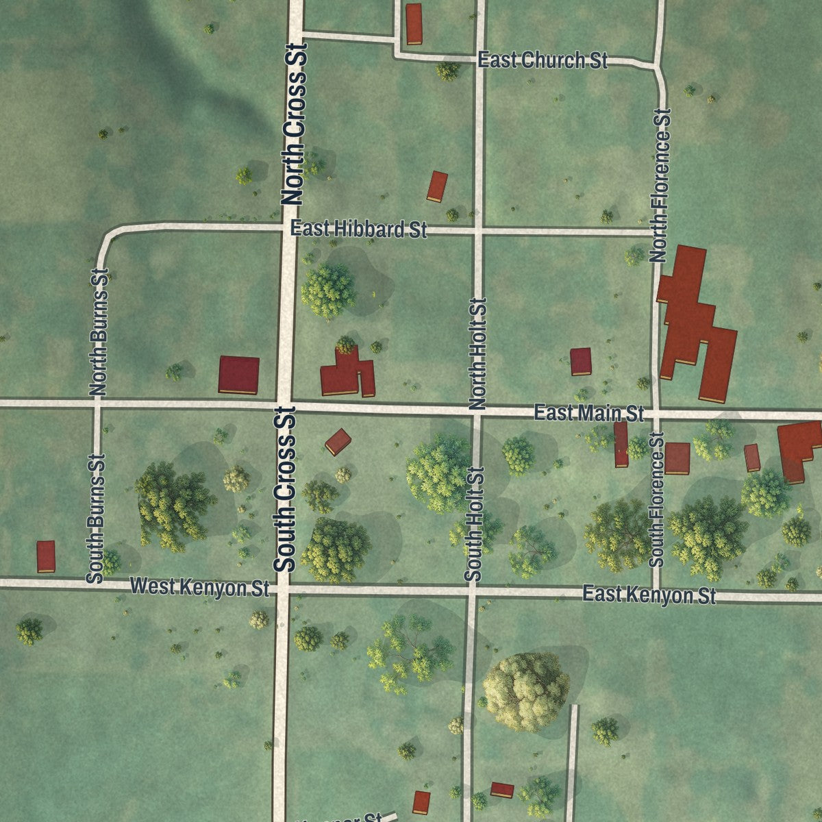 Close-up of the map of Fillmore, Missouri print showing street and building detail