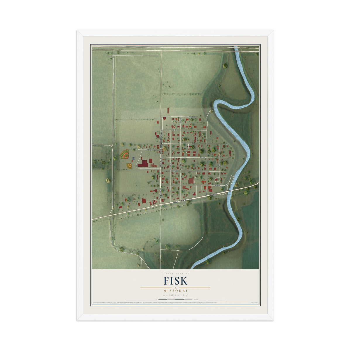 Map of Fisk, Missouri, 12 x 18 inch print in a white wood frame