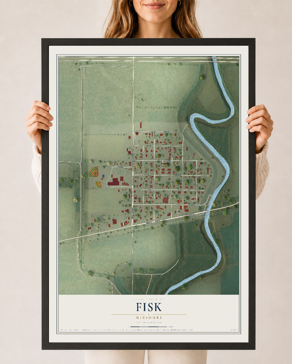 Map of Fisk, Missouri, 24 x 36 inch print in a black wood frame