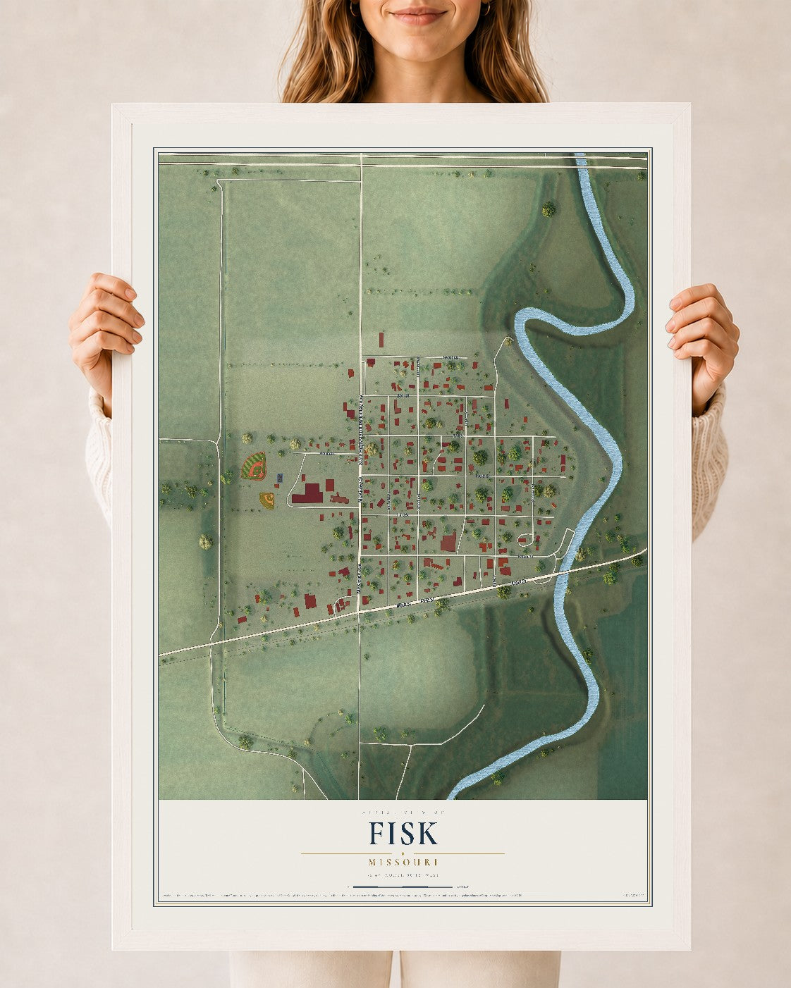 Map of Fisk, Missouri, 24 x 36 inch print in a white wood frame