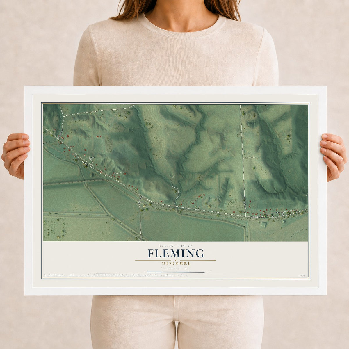 Map of Fleming, Missouri, 12 x 18 inch print in a white wood frame
