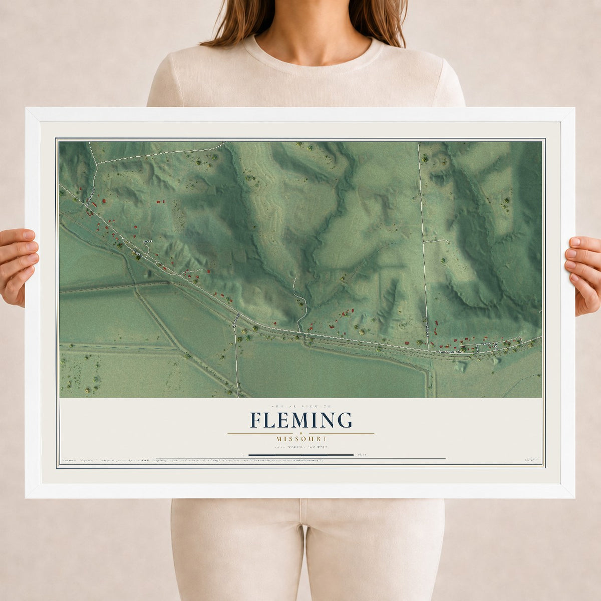 Map of Fleming, Missouri, 18 x 24 inch print in a white wood frame