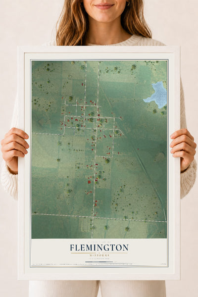 Map of Flemington, Missouri, 18 x 24 inch print in a white wood frame