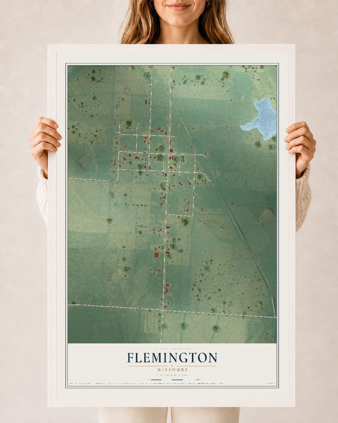 Map of Flemington, Missouri, 24 x 36 inch print in a white wood frame