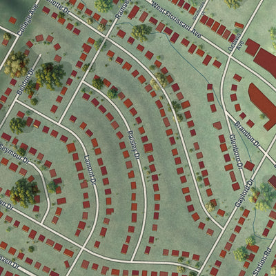 Close-up of the map of Flordell Hills, Missouri print showing street and building detail
