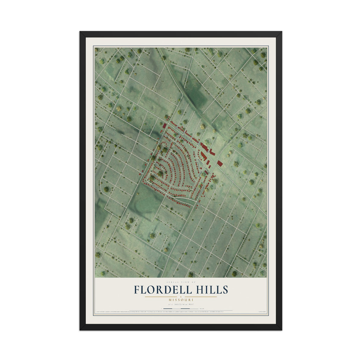 Map of Flordell Hills, Missouri, 12 x 18 inch print in a black wood frame