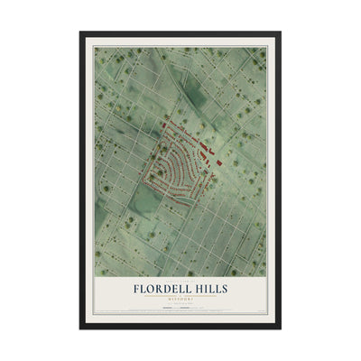 Map of Flordell Hills, Missouri, 12 x 18 inch print in a black wood frame