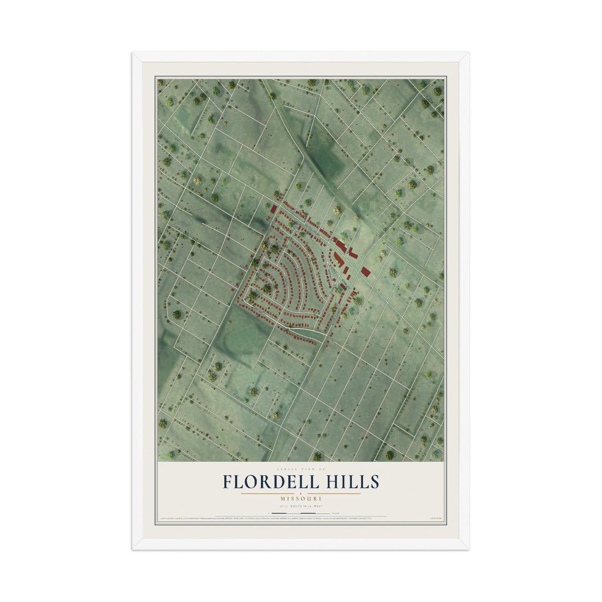 Map of Flordell Hills, Missouri, 12 x 18 inch print in a white wood frame