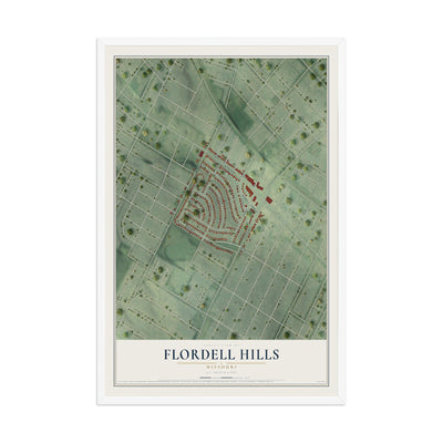 Map of Flordell Hills, Missouri, 12 x 18 inch print in a white wood frame