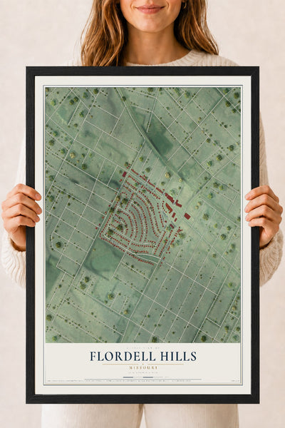 Map of Flordell Hills, Missouri, 18 x 24 inch print in a black wood frame