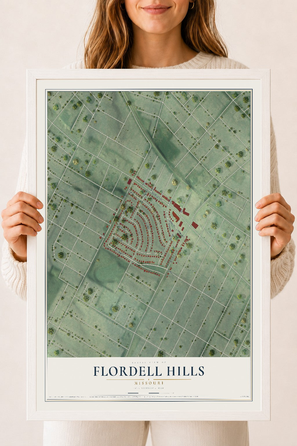 Map of Flordell Hills, Missouri, 18 x 24 inch print in a white wood frame