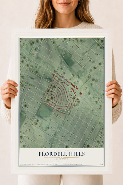 Map of Flordell Hills, Missouri, 18 x 24 inch print in a white wood frame