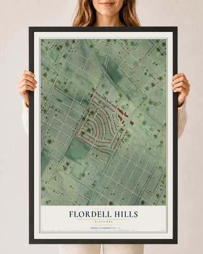 Map of Flordell Hills, Missouri, 24 x 36 inch print in a black wood frame