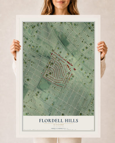 Map of Flordell Hills, Missouri, 24 x 36 inch print in a white wood frame