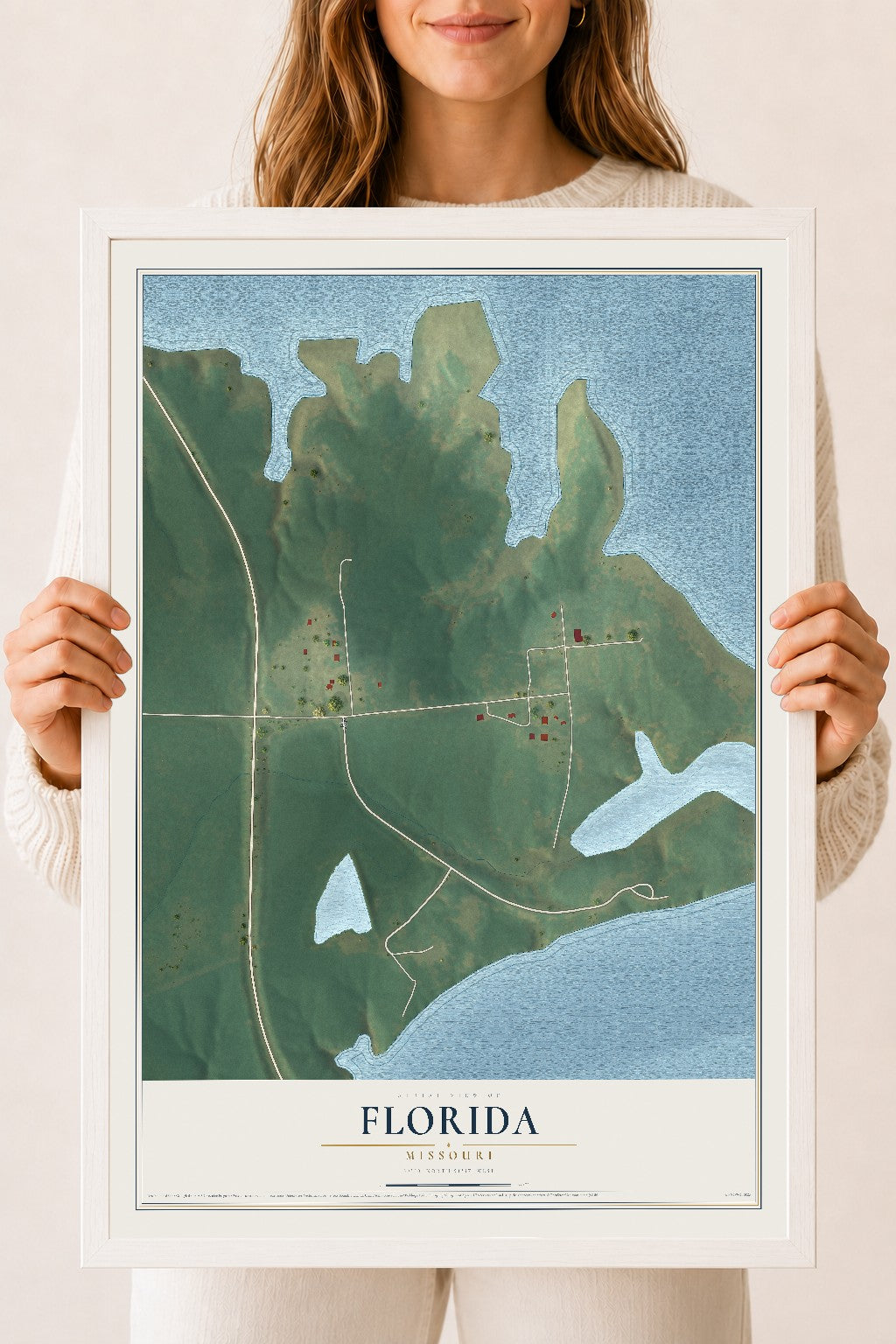 Map of Florida, Missouri, 18 x 24 inch print in a white wood frame