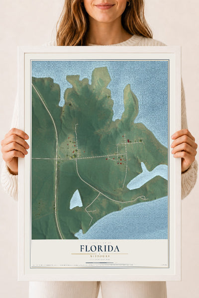 Map of Florida, Missouri, 18 x 24 inch print in a white wood frame