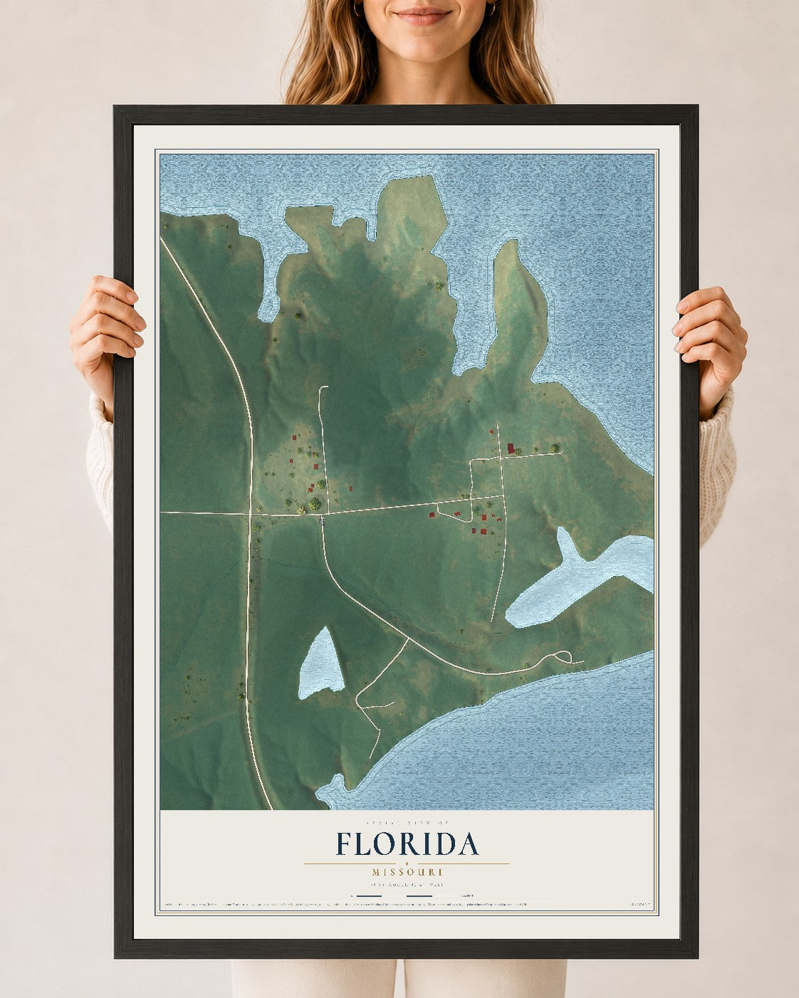Map of Florida, Missouri, 24 x 36 inch print in a black wood frame