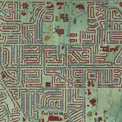 Close-up of the map of Florissant, Missouri print showing street and building detail