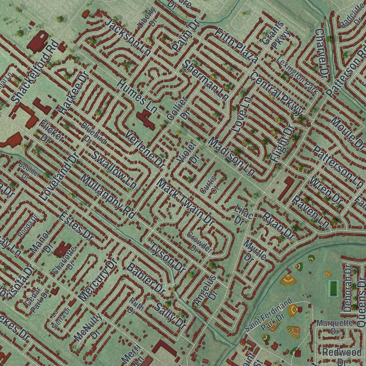Second close-up of the map of Florissant, Missouri print showing more streets and buildings