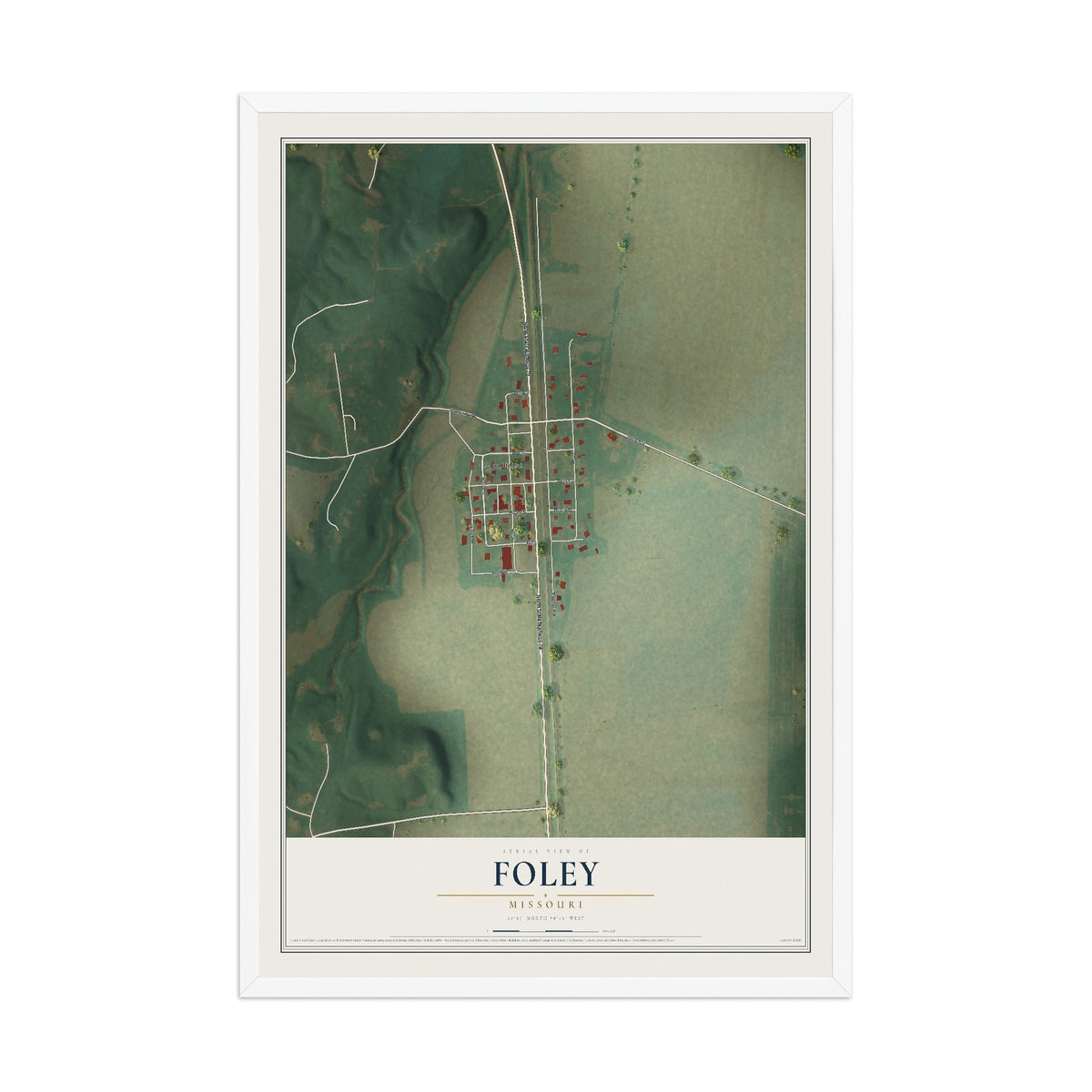 Map of Foley, Missouri, 12 x 18 inch print in a white wood frame
