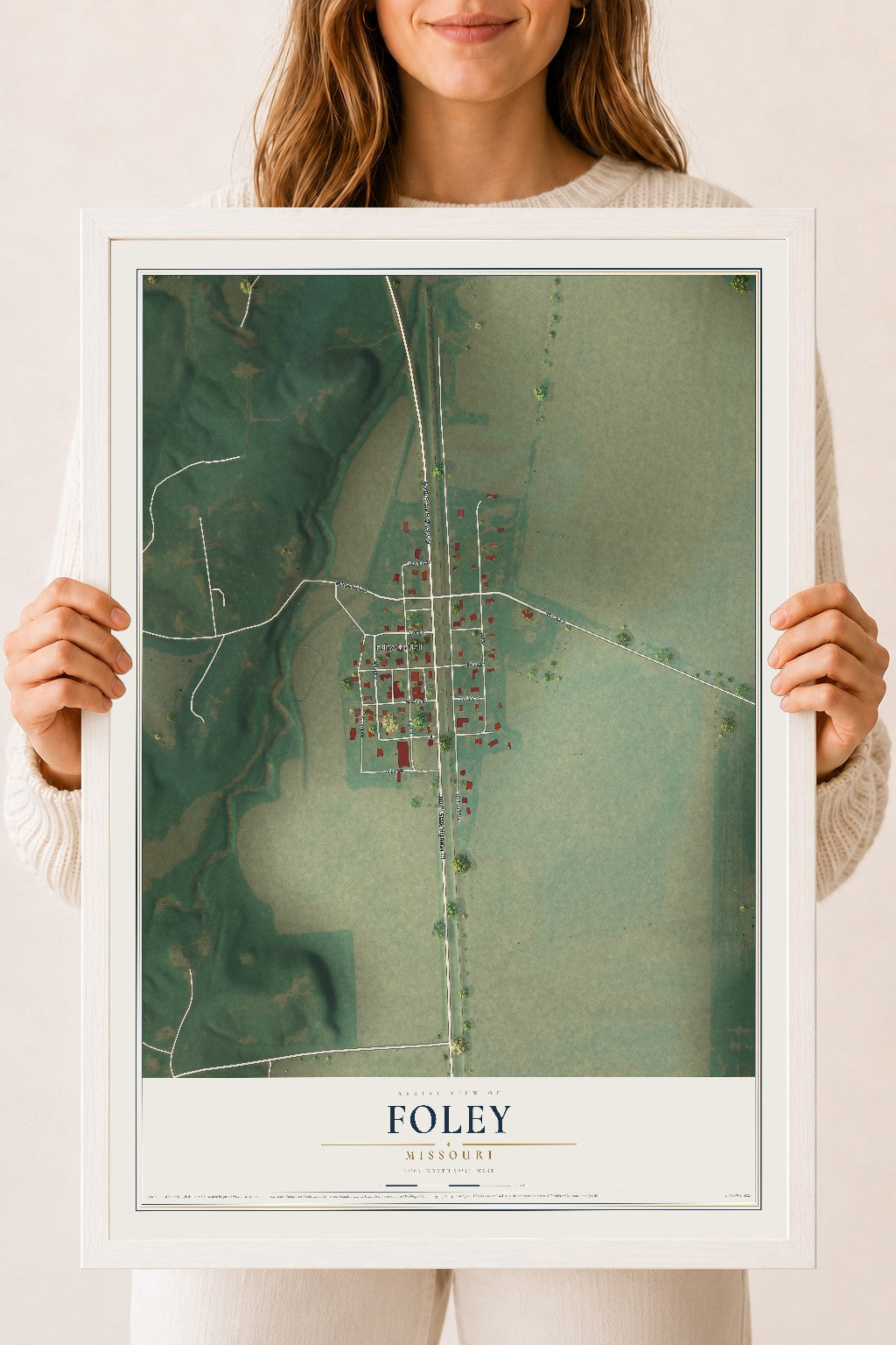 Map of Foley, Missouri, 18 x 24 inch print in a white wood frame